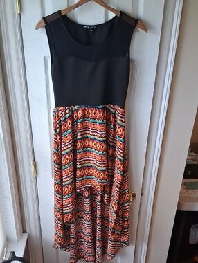 Multicolor Aztec Skirt Sheer Shoulder Black Tank Top High Low Hem Summer Dress